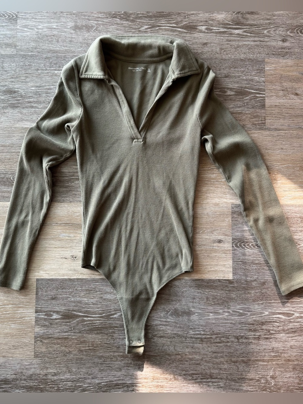 Abercrombie Soft A&F Rib Bodysuit S Olive Green Collared Long Sleeve